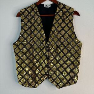 Vintage Effeci Sequin Embellished Vest Womens Large Black Gold Button Front Glam